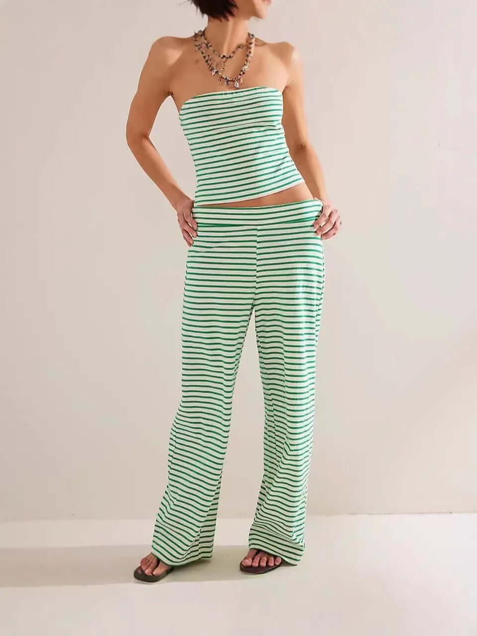 Printed Striped Tube Top And Pants Set Green