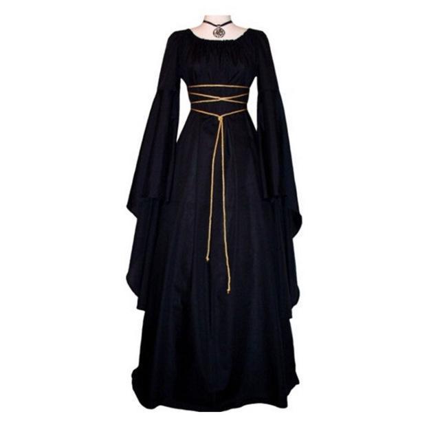 Halloween Long Sleeve Round Collar Belt Irregular Ladies Dress Halloween Witch Costume Black