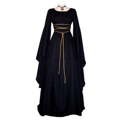 Halloween Long Sleeve Round Collar Belt Irregular Ladies Dress Halloween Witch Costume Black