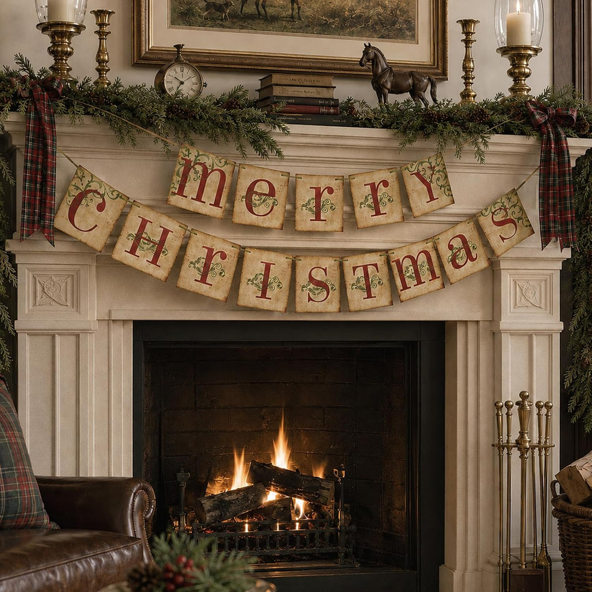 Christmas Decorations, Vintage Merry Christmas Banner, Rustic Holiday Hanging Decor For Home, Living Room, Fireplace, Wall &amp; Party