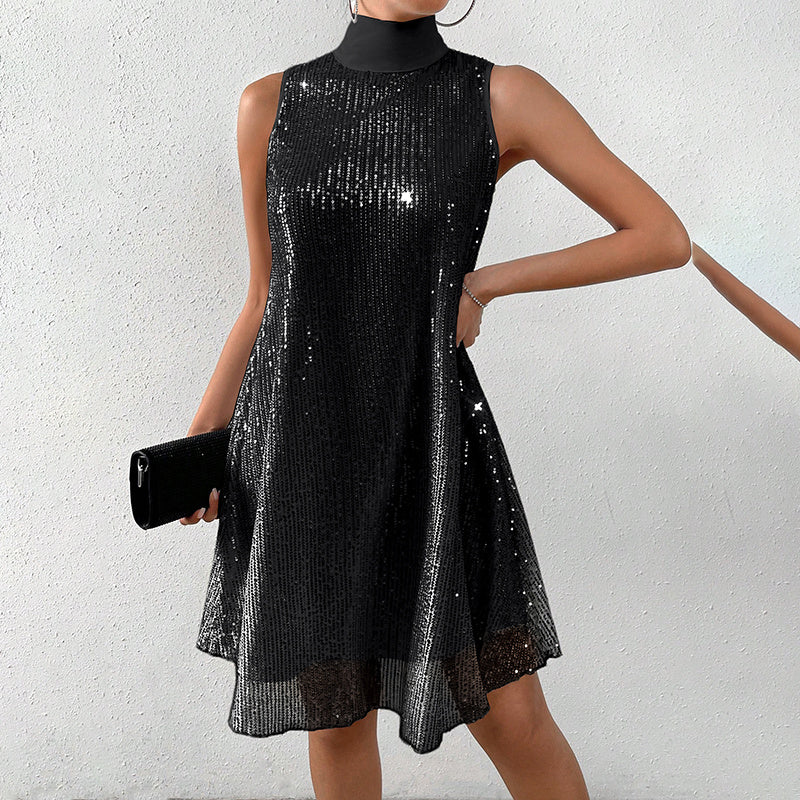 Women's sparkly sequin evening dress featuring a sleeveless design and bow detail at the back.