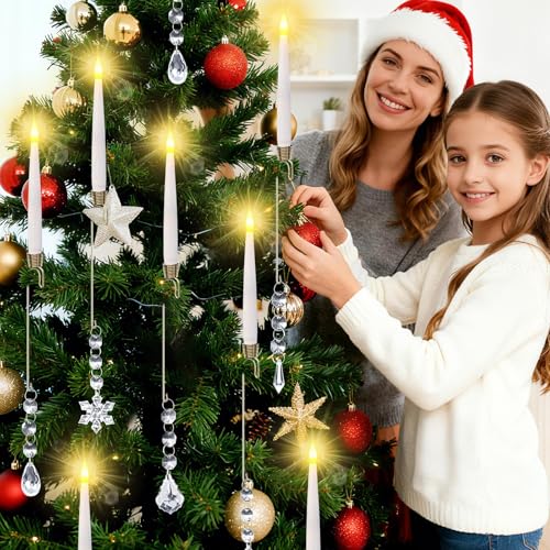 12pcsChristmas Tree Candle Flameless Taper Window With HookAcrylic Pendant Design, Taper Window Candle, Spring Hook Attached, Indoor Holiday Decor, Flameless Safe
