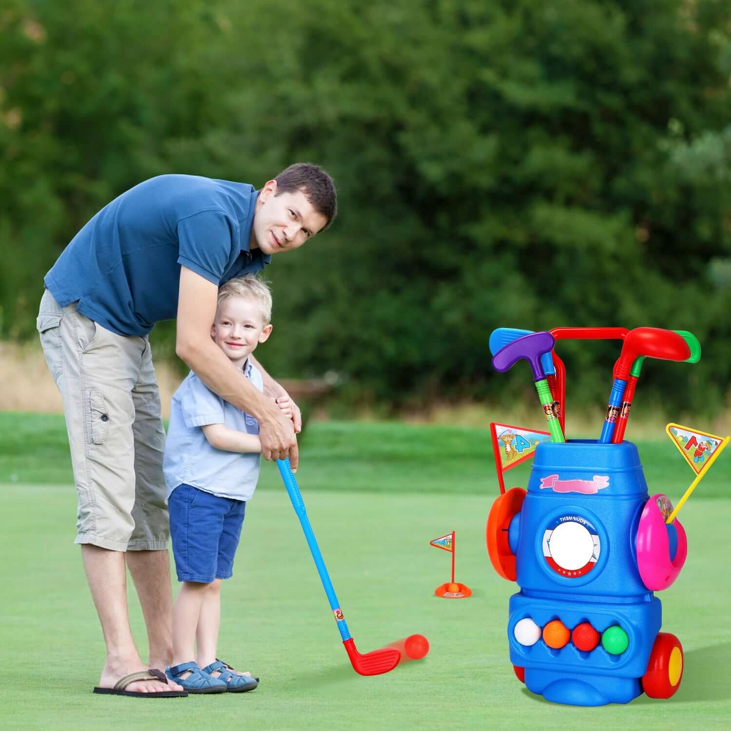 Toddler Golf Set for kids With 4 Balls 4 Clubs 2 Holes 2 Flags Golf Cart