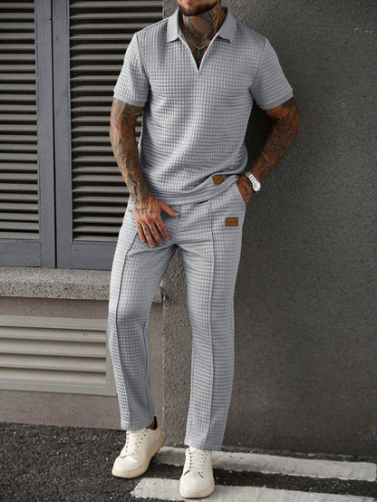 Casual Zip-Up Polo Shirt Top And Pants Two-Piece Set Gray