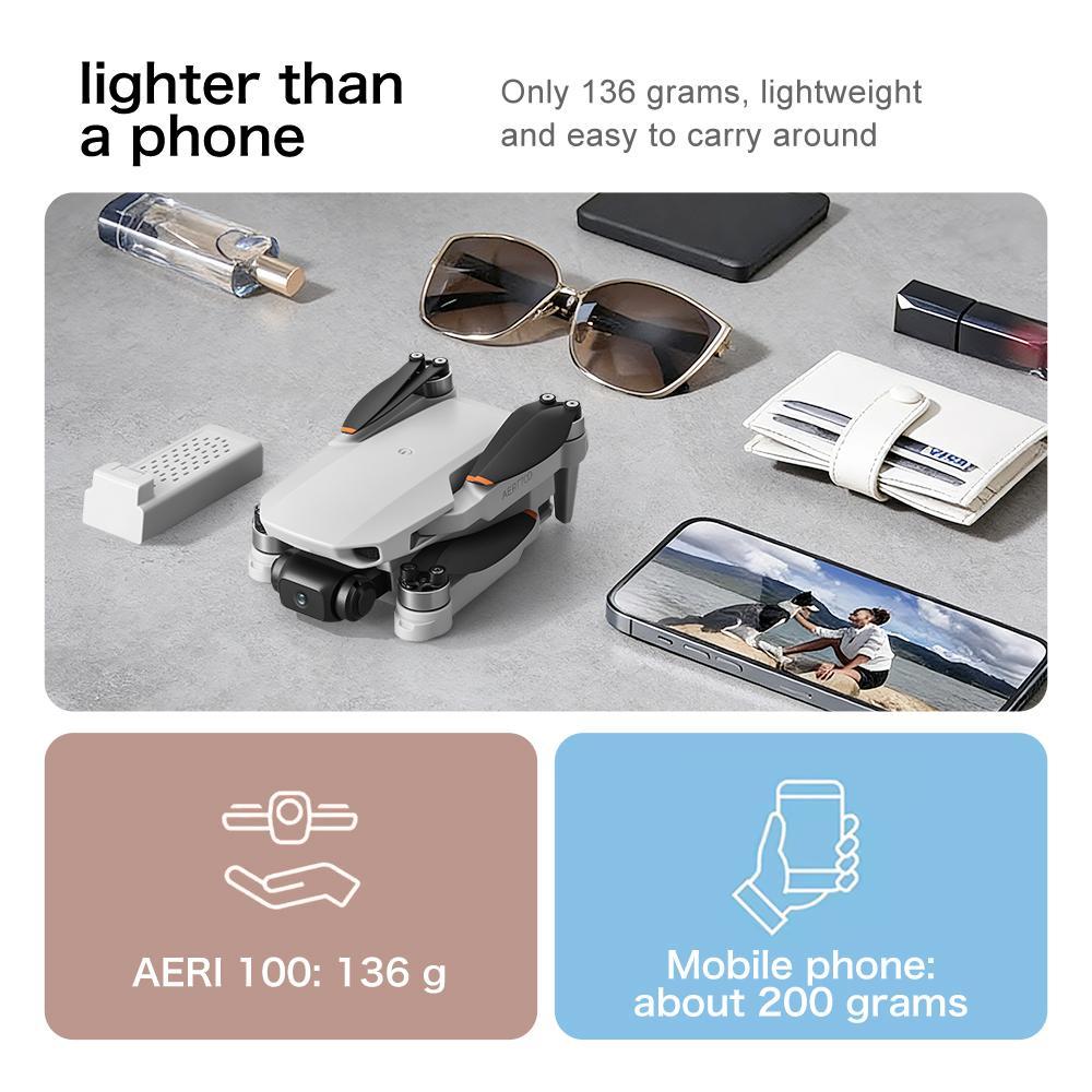 AERI 100 dual HD camera drone lighter than a phone, weighing only 136 grams next to sunglasses and a mobile phone.