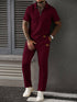 Casual Zip-Up Polo Shirt Top And Pants Two-Piece Set Wine Red