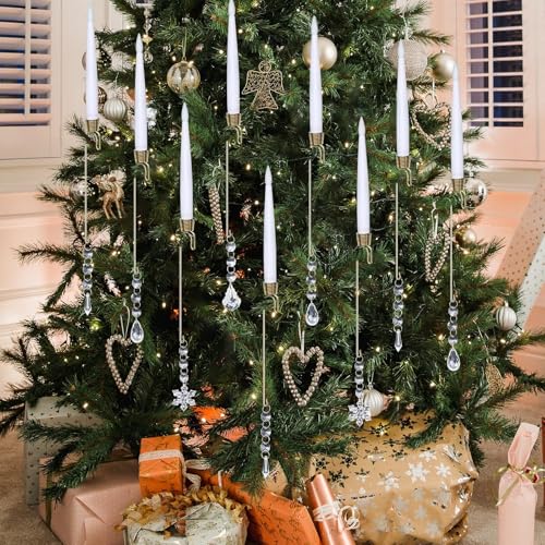 12pcsChristmas Tree Candle Flameless Taper Window With HookAcrylic Pendant Design, Taper Window Candle, Spring Hook Attached, Indoor Holiday Decor, Flameless Safe