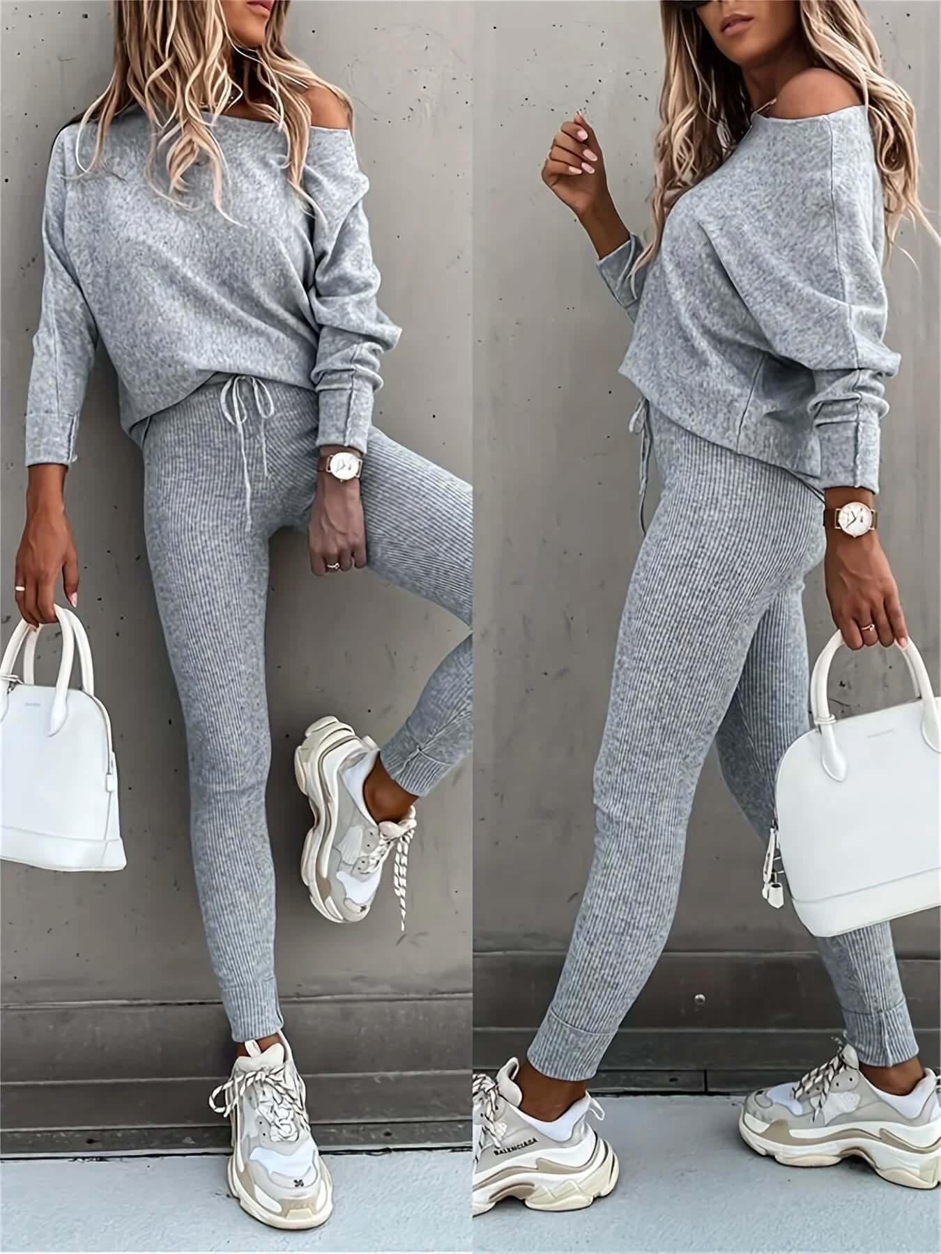 Casual Two-Piece Outfit Featuring A Long-Sleeve Pullover And High-Waisted Drawstring Pants