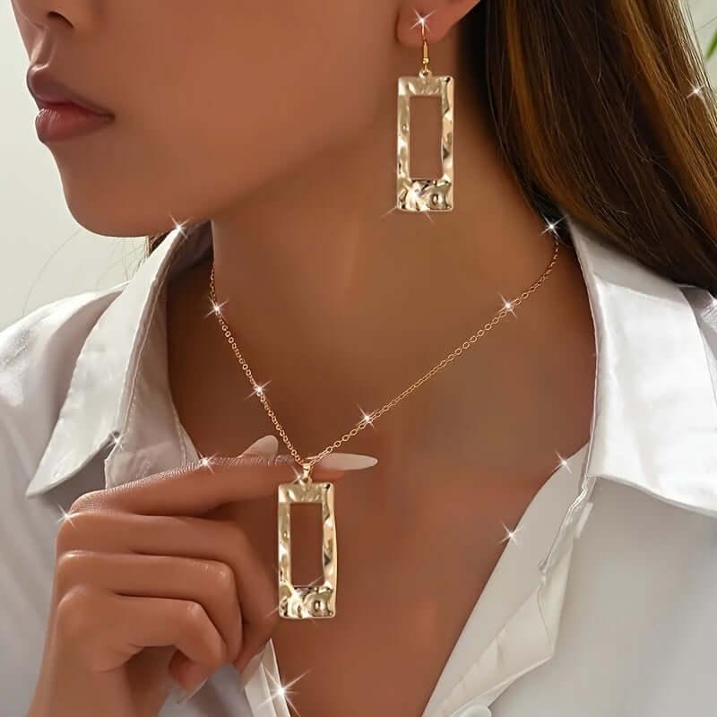 Necklace &amp; Earrings Gold-Toned Hammered Geometric Jewelry Set