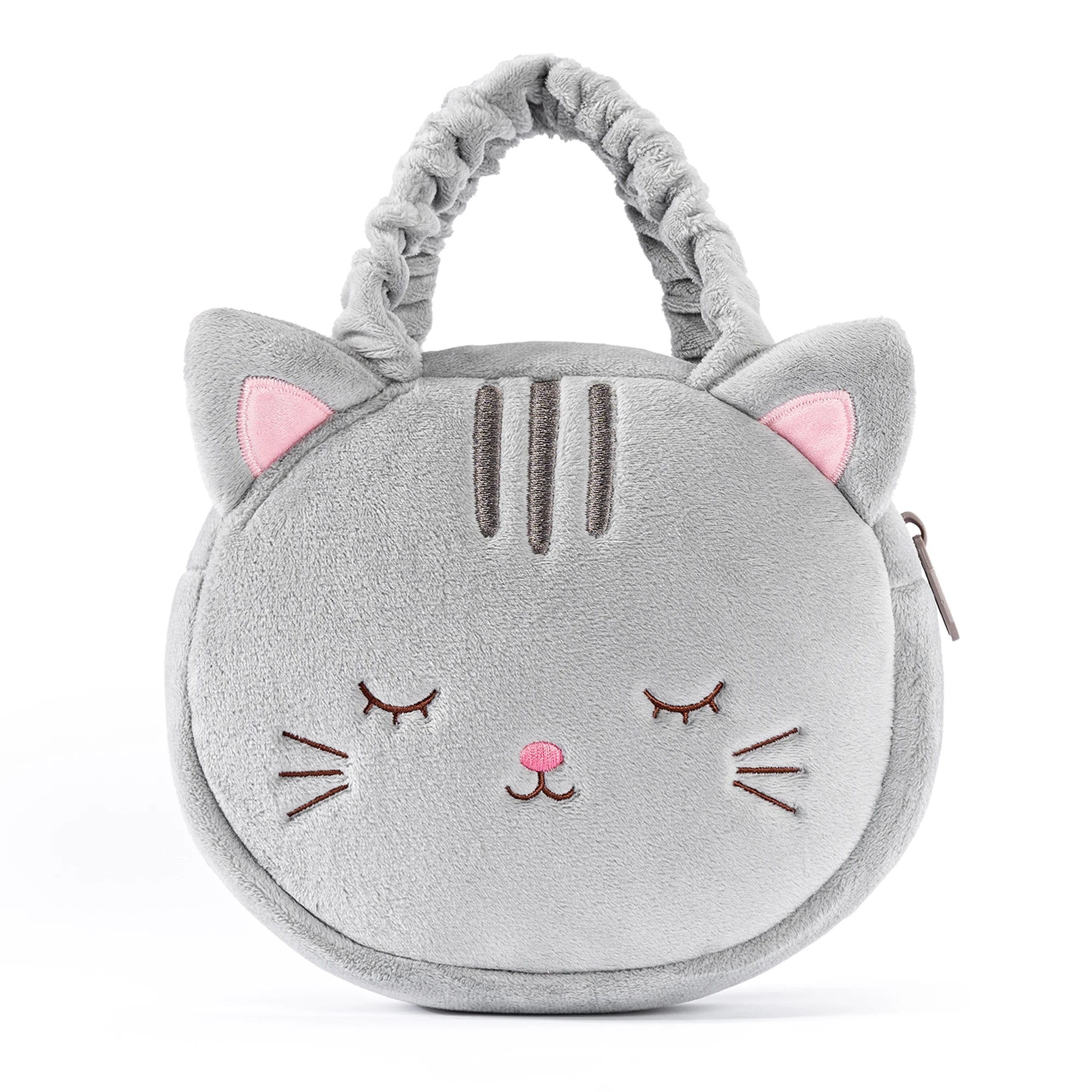 Gray cat-shaped pouch with pink accents on a white background