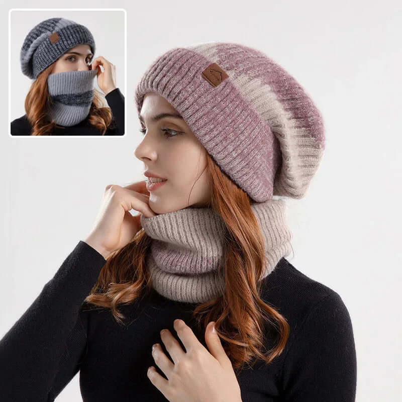 2pcs Knitted Hat With Scarf Two-color Thick Warm Earflaps Wool Scarf