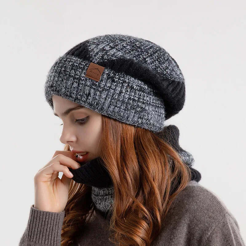 2pcs Knitted Hat With Scarf Two-color Thick Warm Earflaps Wool Scarf Two Tone Black