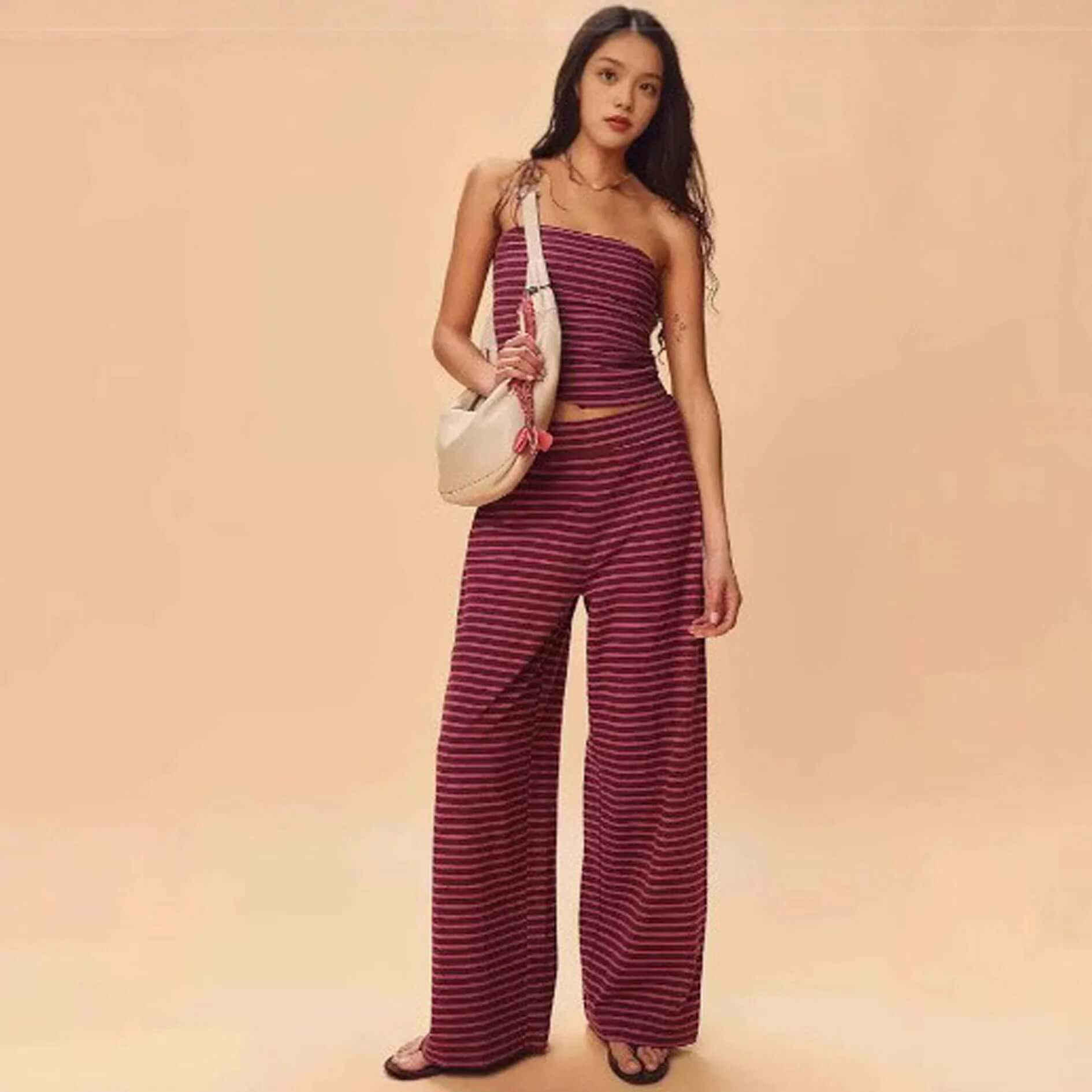 Printed Striped Tube Top And Pants Set