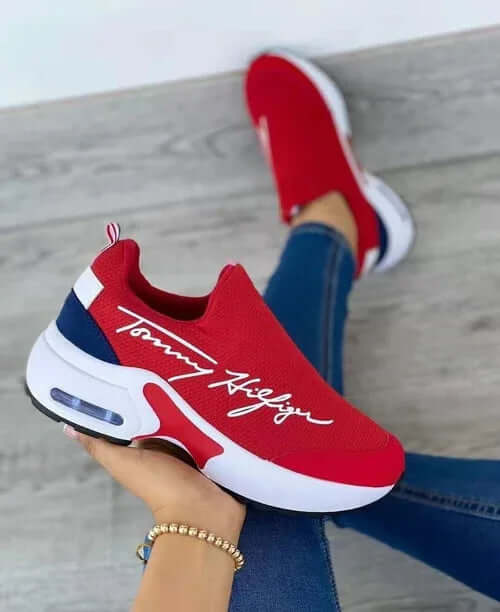 Ladies Walking Sneakers Casual Breathable Wedges Flat Women Shoes Red