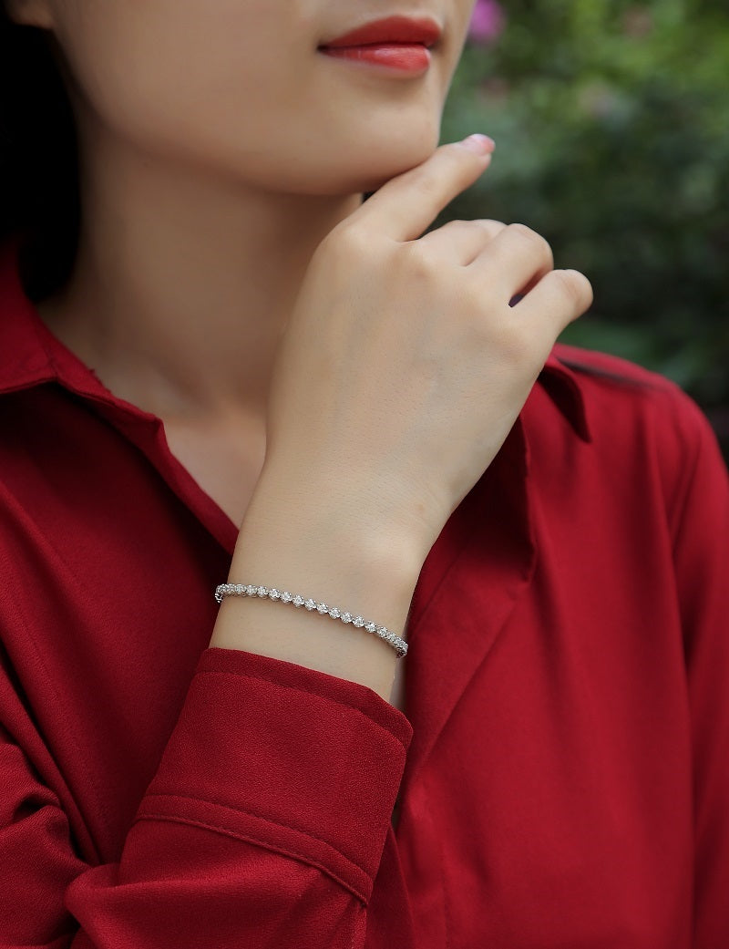 S925 Diamond Silver Bracelet worn on wrist, showcasing its luxury Mosan diamond design and sparkling shine.