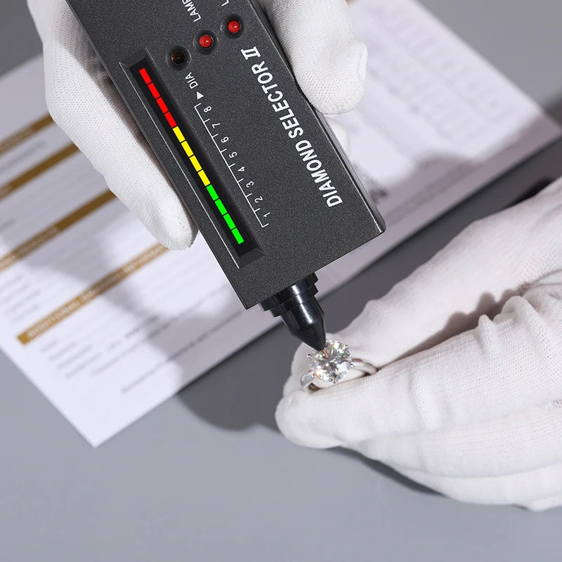 0.5-5ct 925 Sterling Silver Ring Classic Style Diamond Jewelry Moissanite Ring with diamond tester and gloved hands.