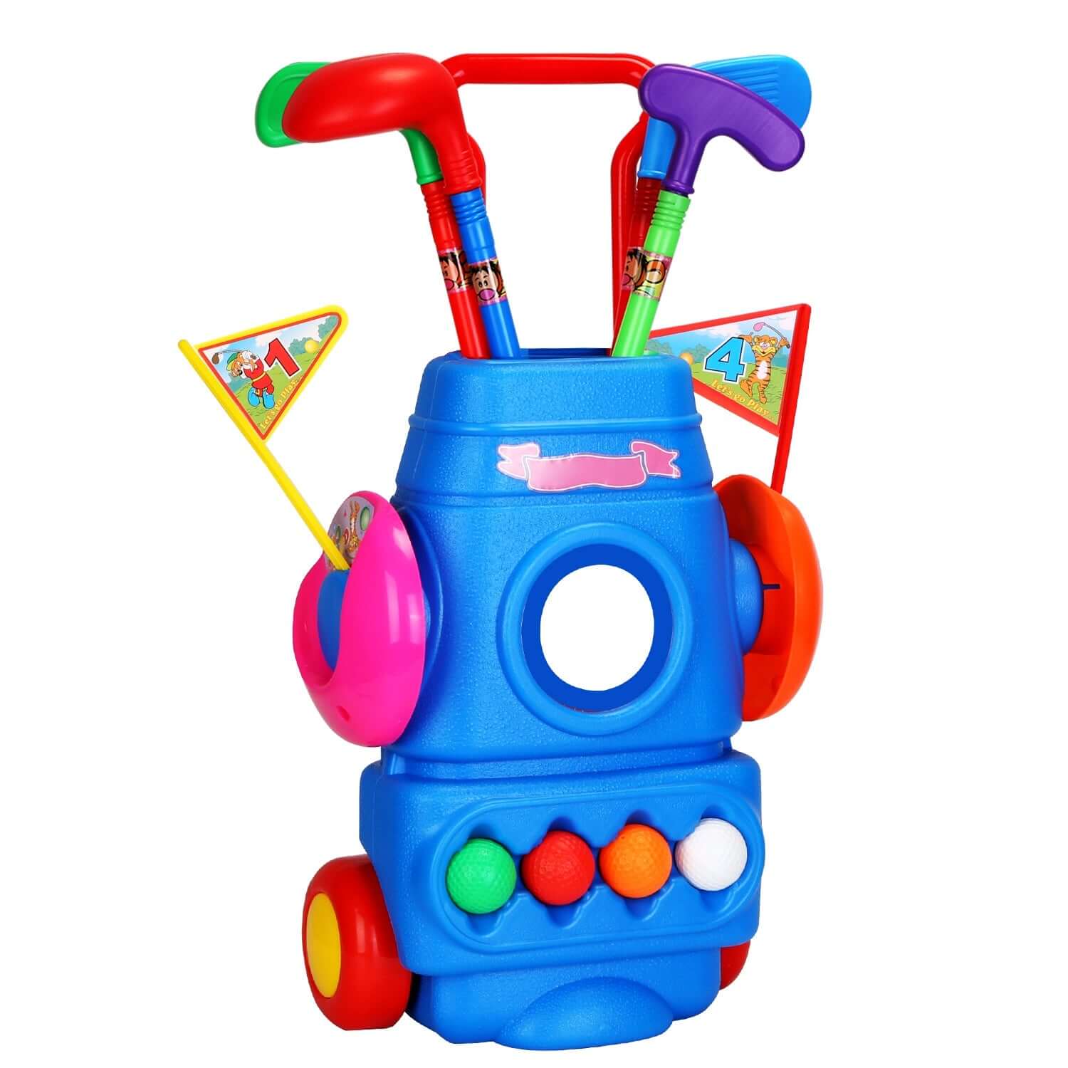 Toddler Golf Set for kids With 4 Balls 4 Clubs 2 Holes 2 Flags Golf Cart Blue