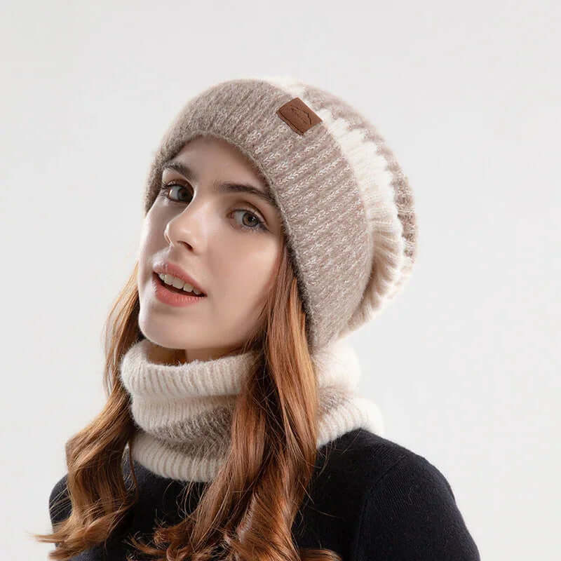 2pcs Knitted Hat With Scarf Two-color Thick Warm Earflaps Wool Scarf Double Beige