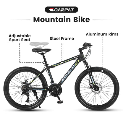 Durable mountain bike with adjustable sport seat, steel frame, and aluminum rims by CARPAT.