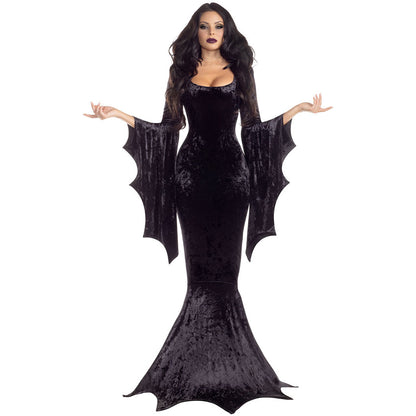 Halloween Witch Ghost Costume long dress in black velvet with dramatic bat wing sleeves for female performance wear.