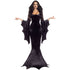 Halloween Witch Ghost Costume long dress in black velvet with dramatic bat wing sleeves for female performance wear.
