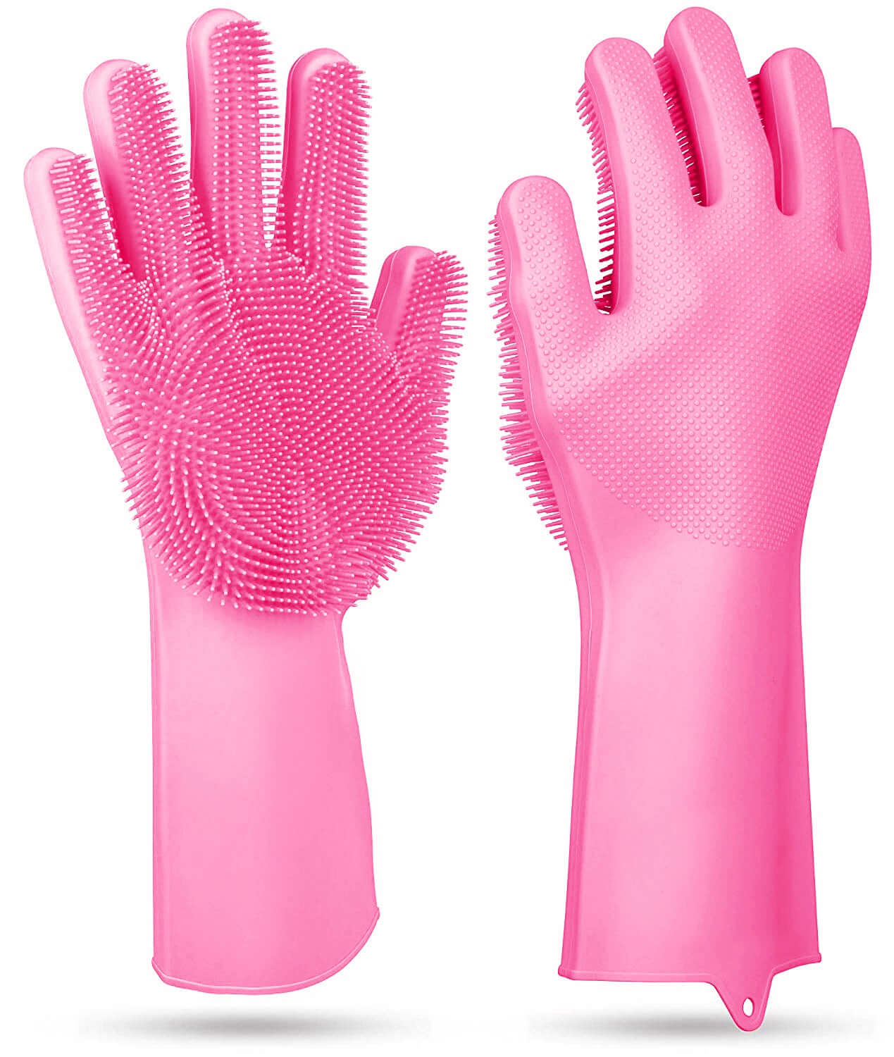 1 Pair Silicone Brush Dishwashing Gloves Cleaning Sponge Pet Scrubber Heat Resistant Wash Gloves Pink