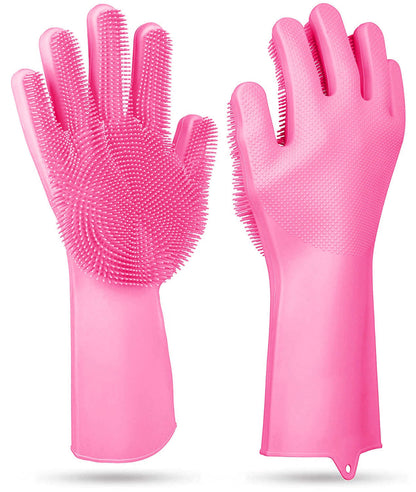 1 Pair Silicone Brush Dishwashing Gloves Cleaning Sponge Pet Scrubber Heat Resistant Wash Gloves Pink