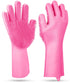 1 Pair Silicone Brush Dishwashing Gloves Cleaning Sponge Pet Scrubber Heat Resistant Wash Gloves Pink
