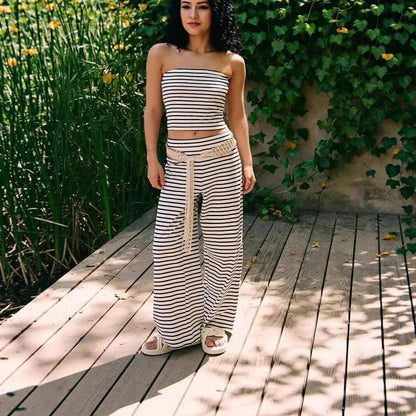 Printed Striped Tube Top And Pants Set