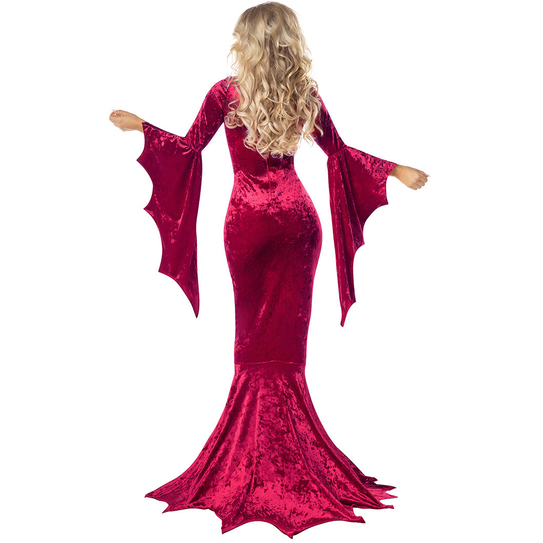 Halloween Witch Ghost Costume in dark red velvet with bat-wing sleeves, perfect for performance wear.