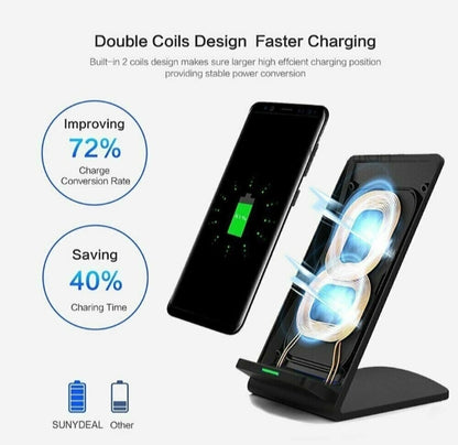 Wireless fast charging dock showcasing double coils design for faster charging and improved efficiency.