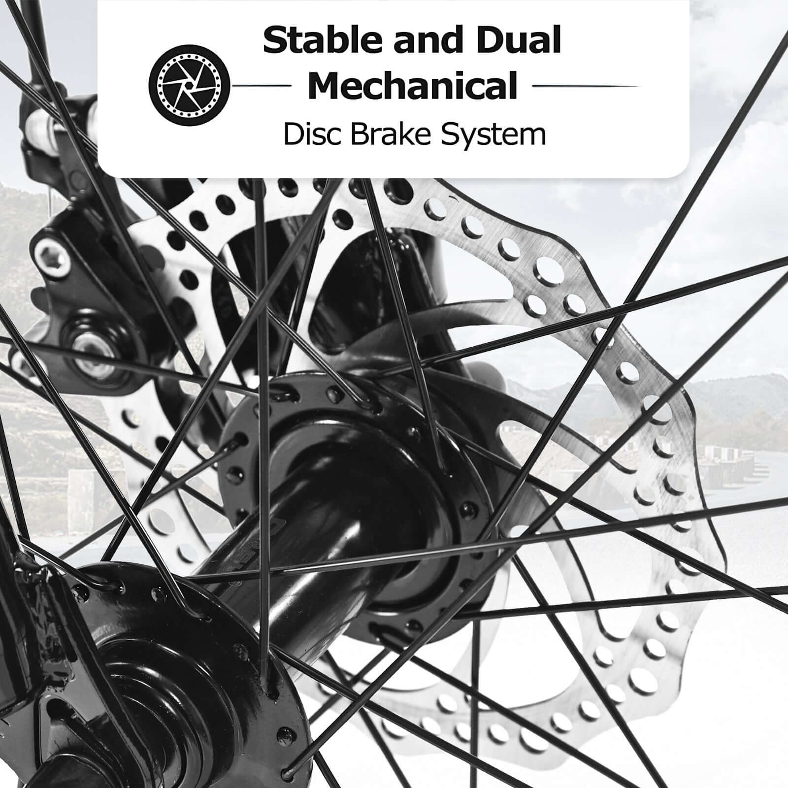 Close-up of the stable and dual mechanical disc brake system on a youth mountain bike, ensuring safety and performance.