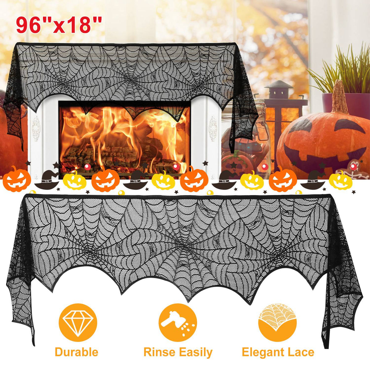 Halloween Decoration Black Lace Spiderweb Fireplace Mantle Scarf Cover Festive Party Supplies Fireplace Scarf 96 X 18 Inch For Halloween Christmas Party Door Window Decoration