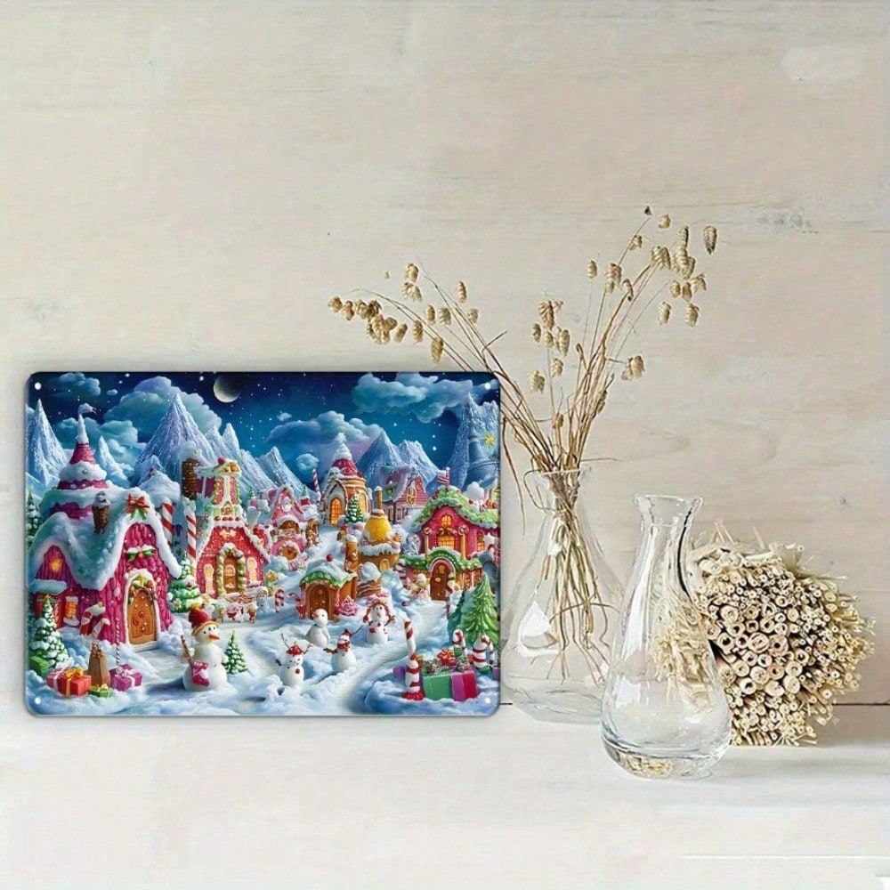 CIFbuy 1pc Christmas Winter Wonderland Tinplate Painting, Painting, Snow Houses Wall Art 8x12 IkTinplate, IkTinplate