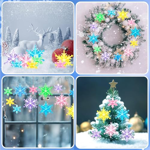 60PcsChristmas Winter Snowflake Ornaments Winter SnowflakeHanging Snowflake Ornaments For Tree, Crystal Pendants With Rope, For Holiday Party DIY Decor,Multicolor