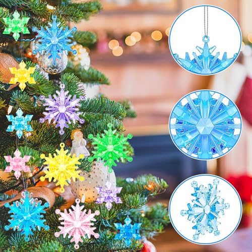 60PcsChristmas Winter Snowflake Ornaments Winter SnowflakeHanging Snowflake Ornaments For Tree, Crystal Pendants With Rope, For Holiday Party DIY Decor,Multicolor