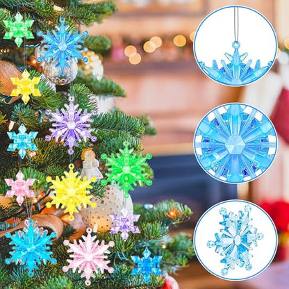 60PcsChristmas Winter Snowflake Ornaments Winter SnowflakeHanging Snowflake Ornaments For Tree, Crystal Pendants With Rope, For Holiday Party DIY Decor,Multicolor