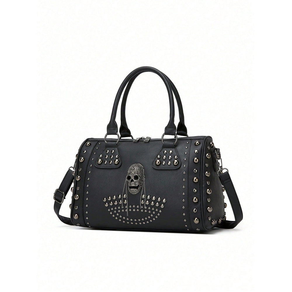 Gothic Punk Skull Rivet Handbag For Women, Halloween Studded PU Leather Large Capacity Shoulder Crossbody Bag, Halloween Party Cosplay Gift Black