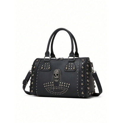 Gothic Punk Skull Rivet Handbag For Women, Halloween Studded PU Leather Large Capacity Shoulder Crossbody Bag, Halloween Party Cosplay Gift Black