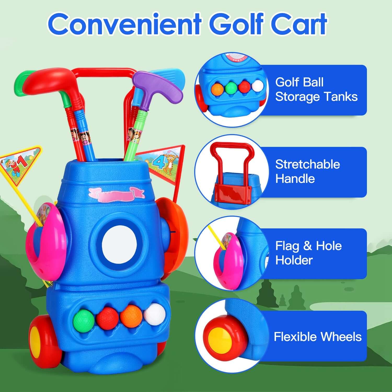 Toddler Golf Set for kids With 4 Balls 4 Clubs 2 Holes 2 Flags Golf Cart