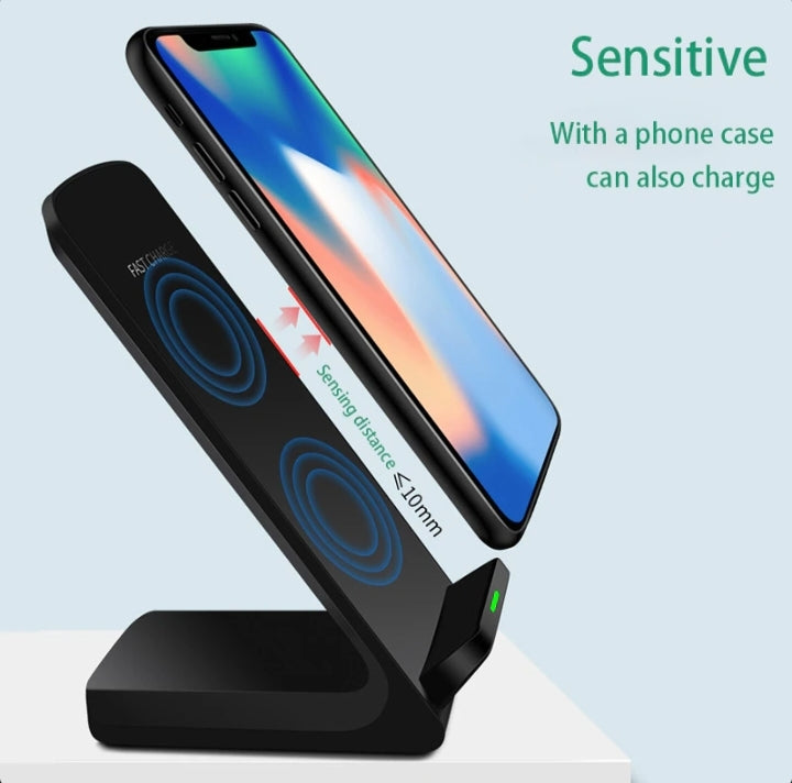 Wireless fast charging dock with phone charging while in a case, demonstrating quick and efficient wireless charging.