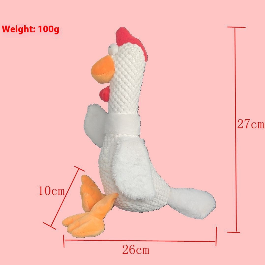 Toy Dinosaur Dog Doll Sounding Duck plush toy shown with dimensions and weight on a pink background.