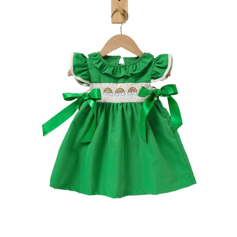 toddler dress with bow Ruffle Sleeve Dress Rainbow Embroidery