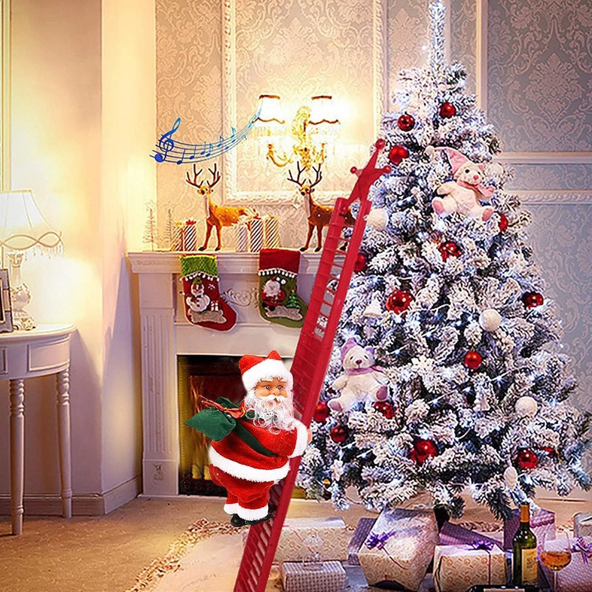 Christmas Electric Climbing Santa with Music &amp; LED Light, Electric Climbing Ladder Santa Claus Doll for Xmas Tree Decorations Hanging Christmas Ornaments Tree Decor Holiday Party Gift Christmas