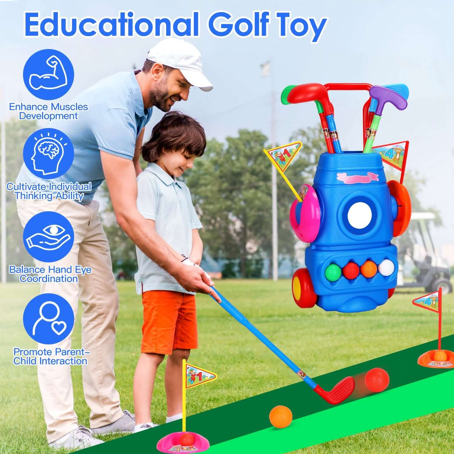 Toddler Golf Set for kids With 4 Balls 4 Clubs 2 Holes 2 Flags Golf Cart