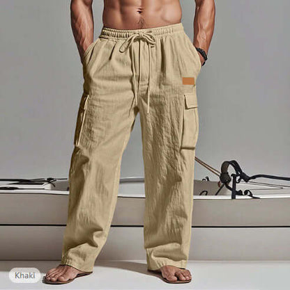 mens cotton linen workwear khaki straight-leg pants with drawstring closure