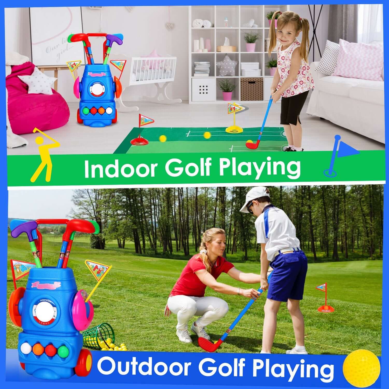Toddler Golf Set for kids With 4 Balls 4 Clubs 2 Holes 2 Flags Golf Cart