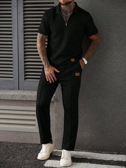 Casual Zip-Up Polo Shirt Top And Pants Two-Piece Set Black