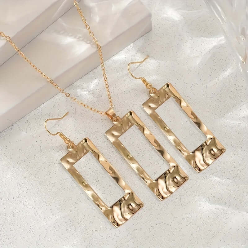 Necklace &amp; Earrings Gold-Toned Hammered Geometric Jewelry Set