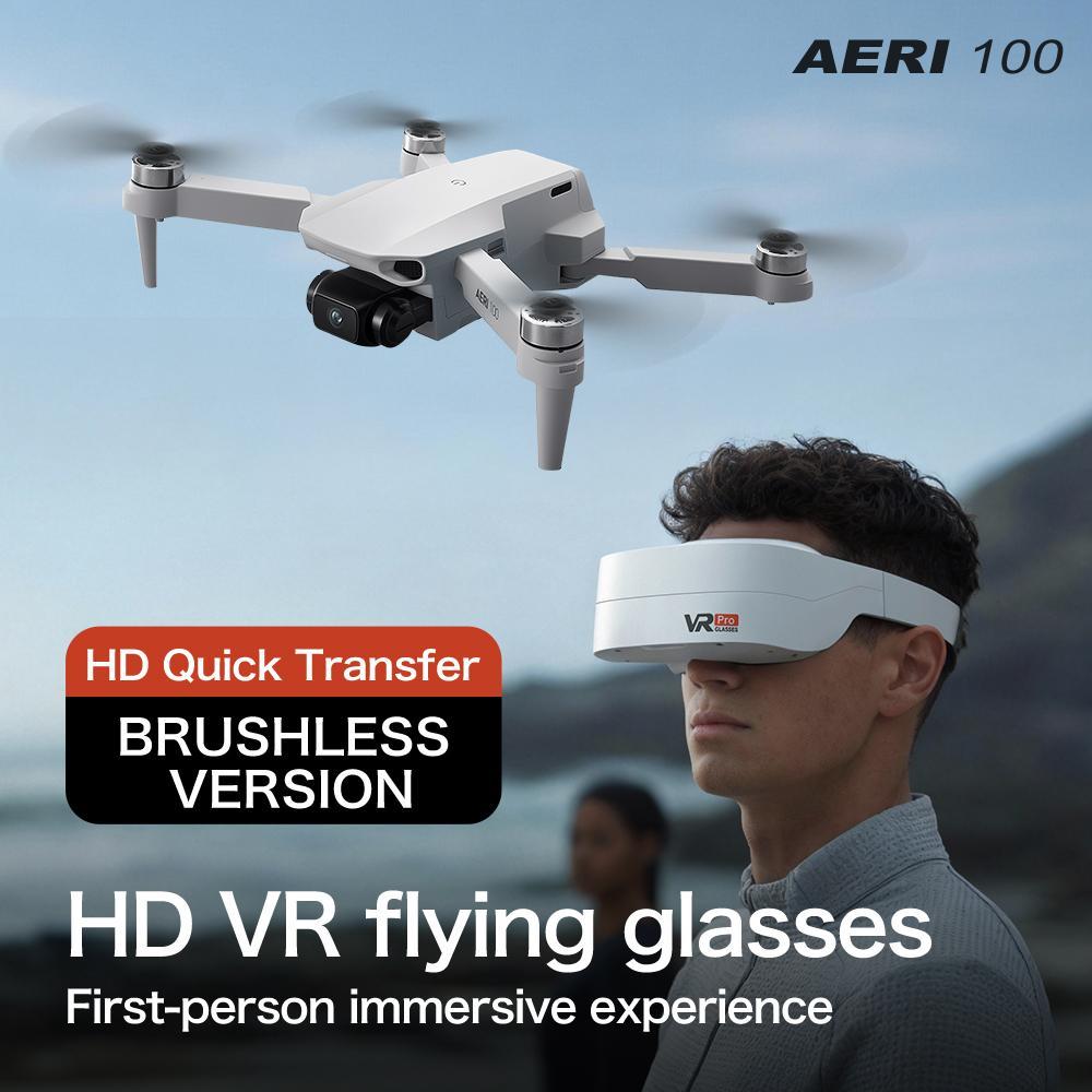Dual HD camera drone AERI 100 with brushless motors and HD VR flying glasses for immersive experience.
